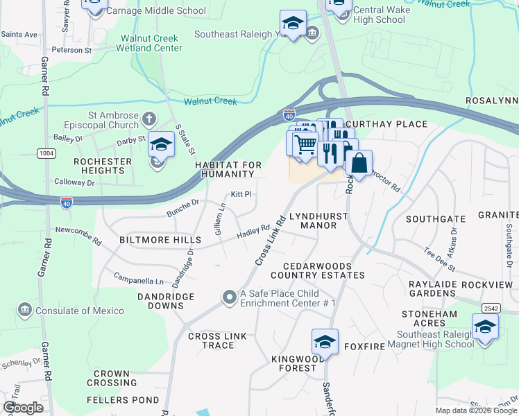 map of restaurants, bars, coffee shops, grocery stores, and more near 2009 Waters Drive in Raleigh