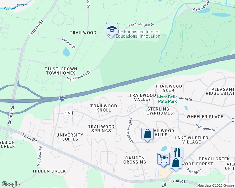 map of restaurants, bars, coffee shops, grocery stores, and more near 3000 Trailwood Pines Lane in Raleigh