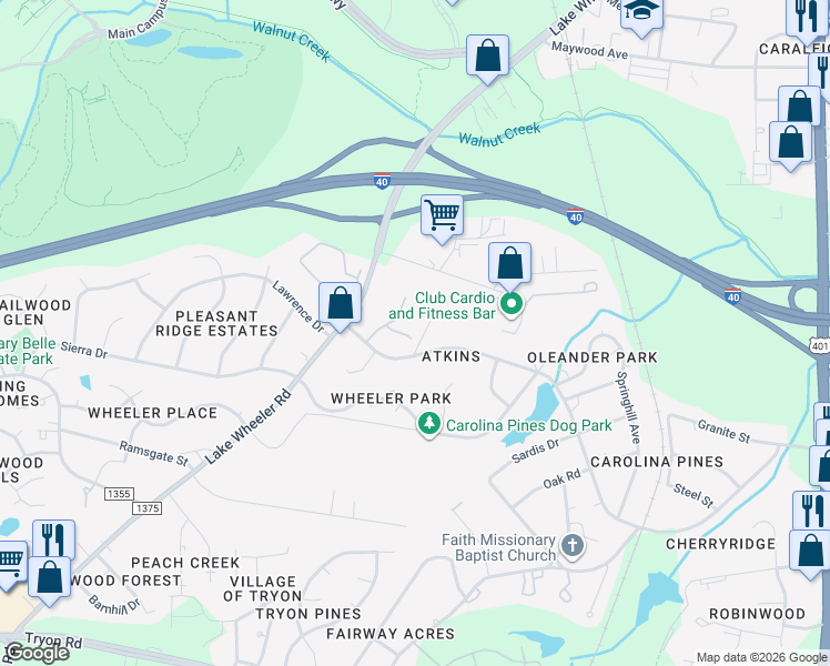 map of restaurants, bars, coffee shops, grocery stores, and more near 1501 Creekwood Court in Raleigh