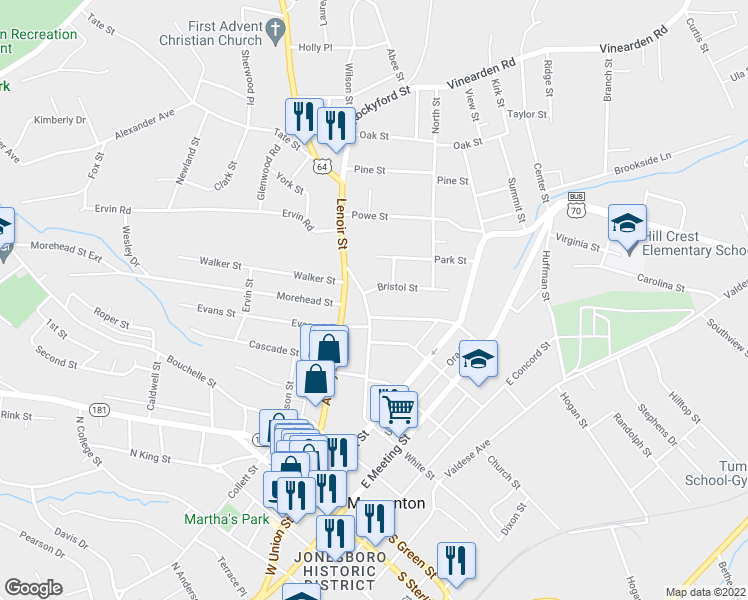 map of restaurants, bars, coffee shops, grocery stores, and more near 402 Lenoir Street in Morganton