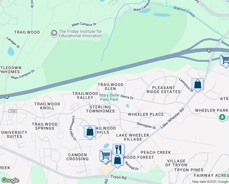 map of restaurants, bars, coffee shops, grocery stores, and more near 2605 Goshawk Lane in Raleigh