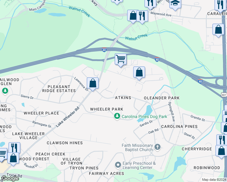 map of restaurants, bars, coffee shops, grocery stores, and more near 1501 Creekwood Court in Raleigh