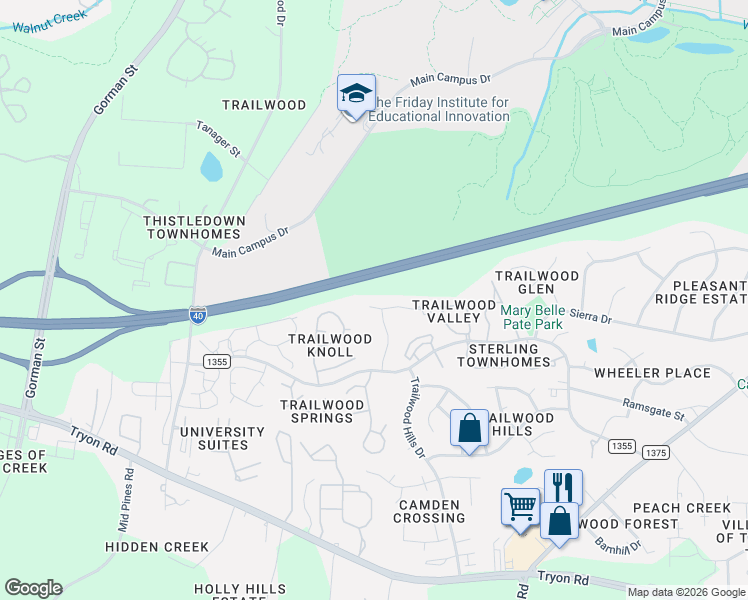 map of restaurants, bars, coffee shops, grocery stores, and more near 3000 Trailwood Pines Lane in Raleigh