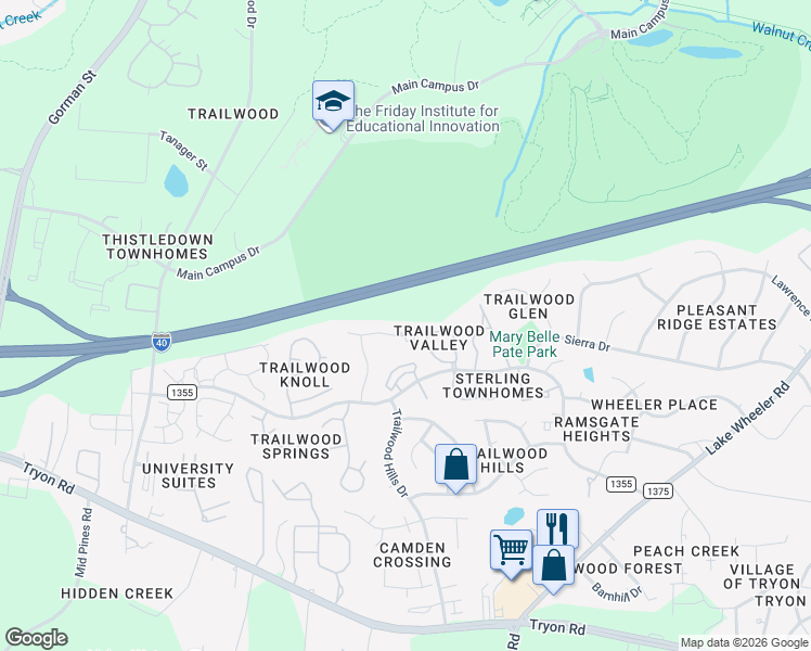 map of restaurants, bars, coffee shops, grocery stores, and more near 2900 Trailwood Pines Lane in Raleigh