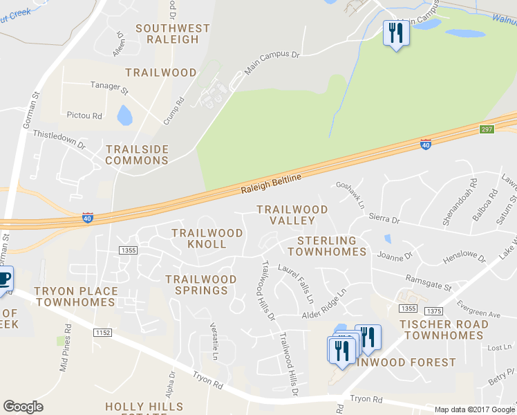 map of restaurants, bars, coffee shops, grocery stores, and more near 2900 Trailwood Pines Lane in Raleigh