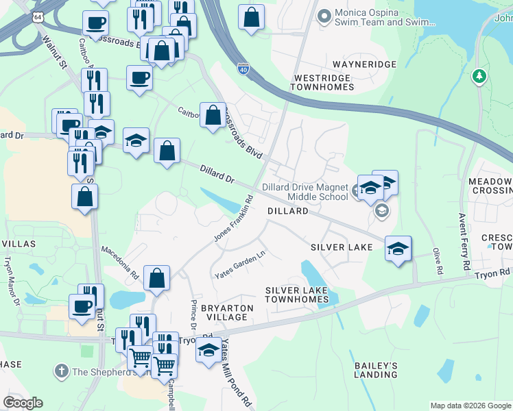 map of restaurants, bars, coffee shops, grocery stores, and more near 5409 Dillard Drive in Raleigh