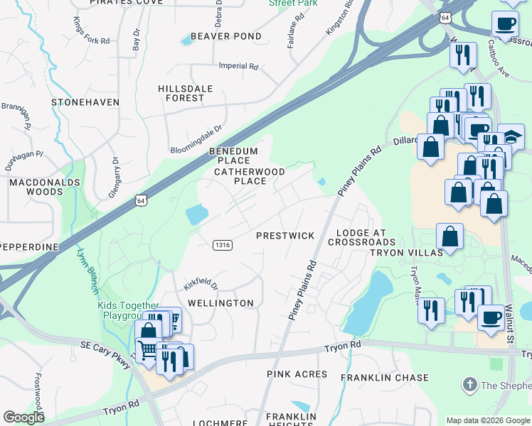 map of restaurants, bars, coffee shops, grocery stores, and more near 112 Putney Drive in Cary