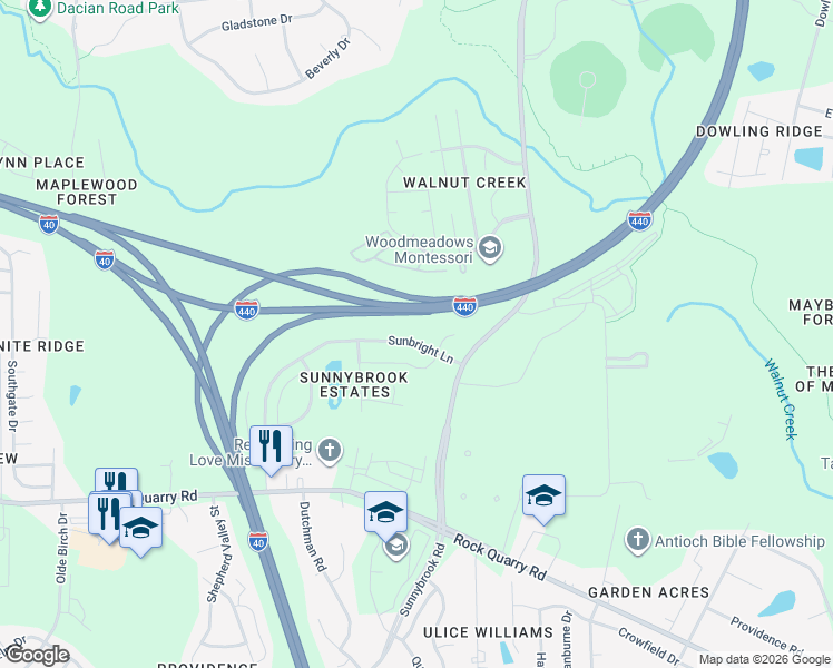map of restaurants, bars, coffee shops, grocery stores, and more near 3613 Eastern Branch Road in Raleigh