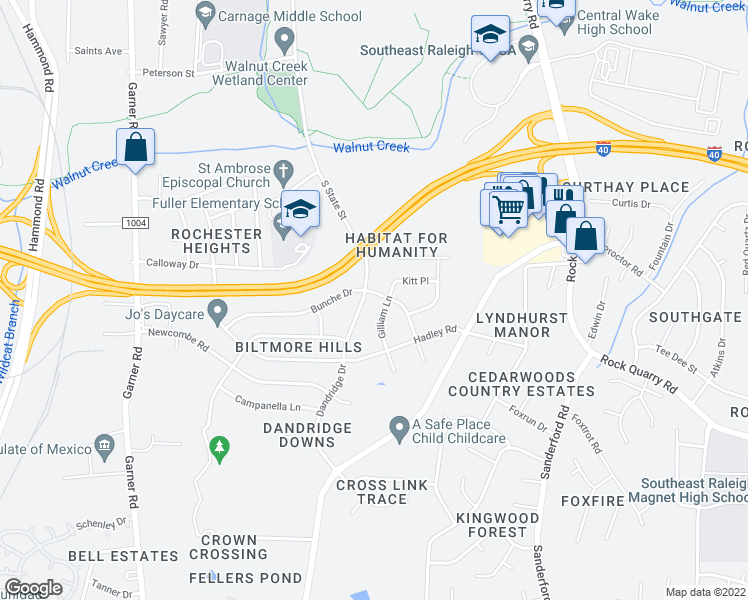 map of restaurants, bars, coffee shops, grocery stores, and more near 904 Bunche Drive in Raleigh