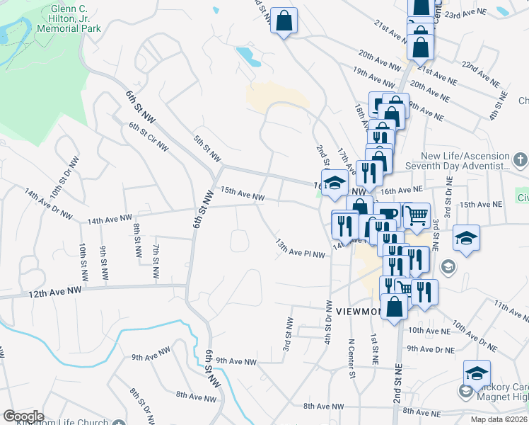 map of restaurants, bars, coffee shops, grocery stores, and more near 1370 4th Street Northwest in Hickory