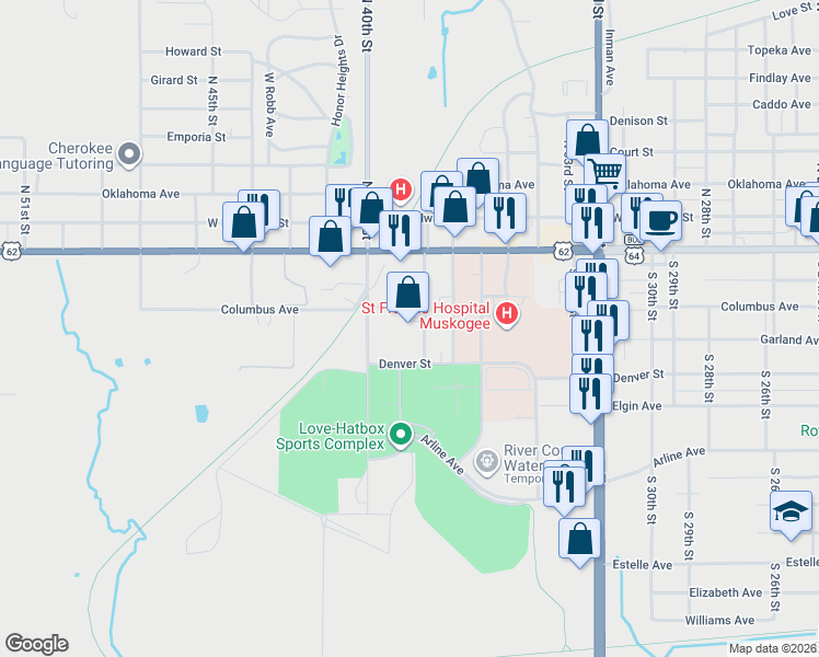 map of restaurants, bars, coffee shops, grocery stores, and more near 329 South 38th Street in Muskogee