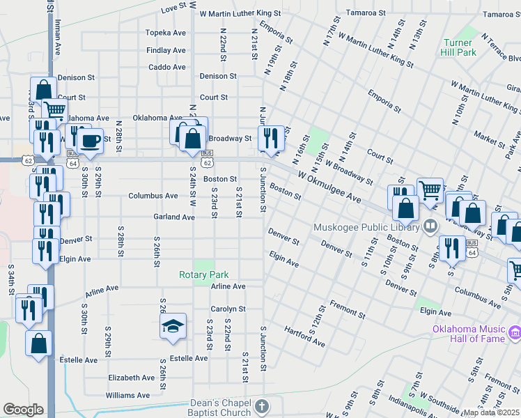 map of restaurants, bars, coffee shops, grocery stores, and more near 309 South Junction Street in Muskogee