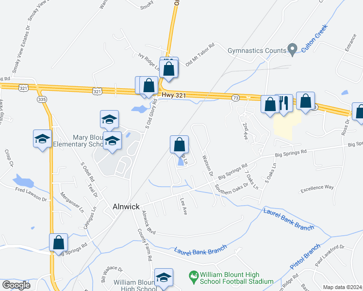 map of restaurants, bars, coffee shops, grocery stores, and more near 144 Mimosa Circle in Maryville