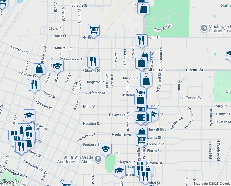 map of restaurants, bars, coffee shops, grocery stores, and more near 2104 Jefferson Street in Muskogee