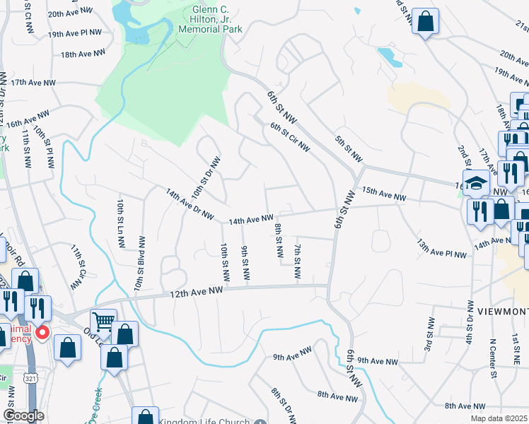 map of restaurants, bars, coffee shops, grocery stores, and more near 806 14th Avenue Northwest in Hickory