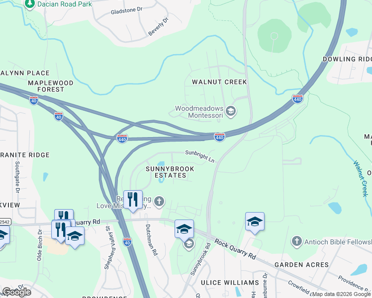 map of restaurants, bars, coffee shops, grocery stores, and more near 3529 Sunbright Lane in Raleigh