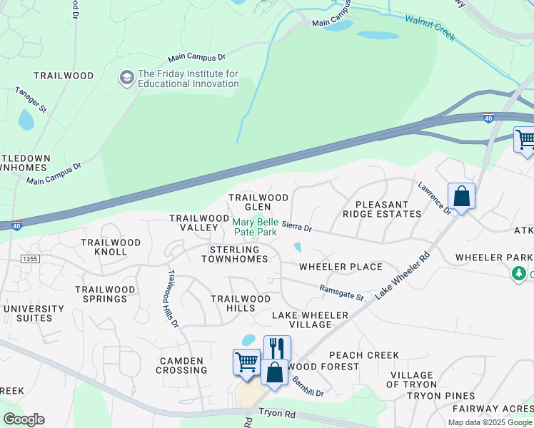map of restaurants, bars, coffee shops, grocery stores, and more near 2605 Goshawk Lane in Raleigh