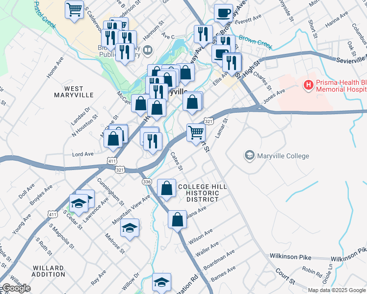 map of restaurants, bars, coffee shops, grocery stores, and more near 202 West Lamar Alexander Parkway in Maryville