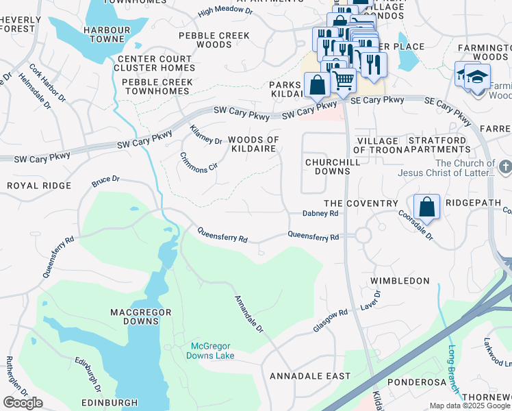 map of restaurants, bars, coffee shops, grocery stores, and more near 212 Beachers Brook Lane in Cary