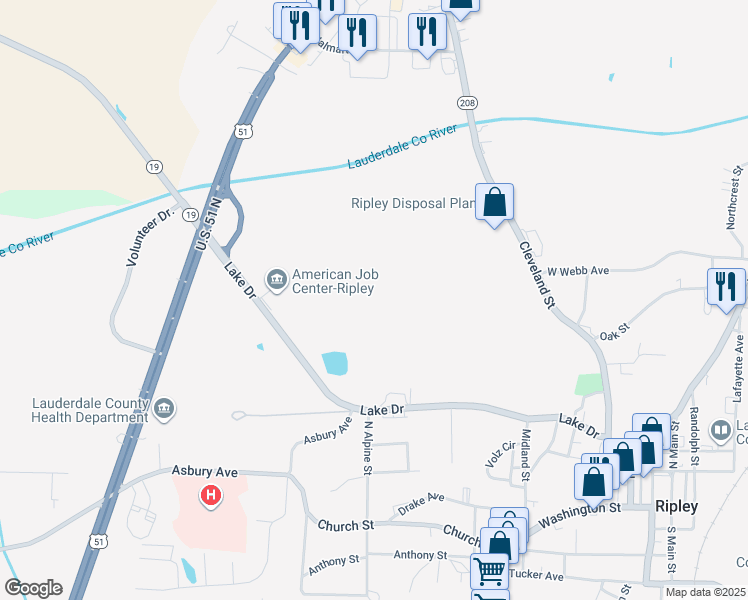 map of restaurants, bars, coffee shops, grocery stores, and more near in Ripley