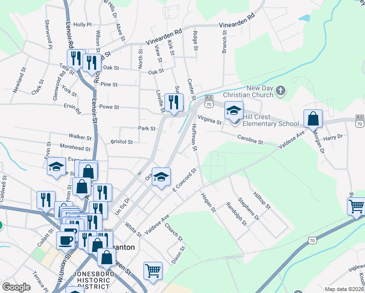 map of restaurants, bars, coffee shops, grocery stores, and more near 708 East Meeting Street in Morganton