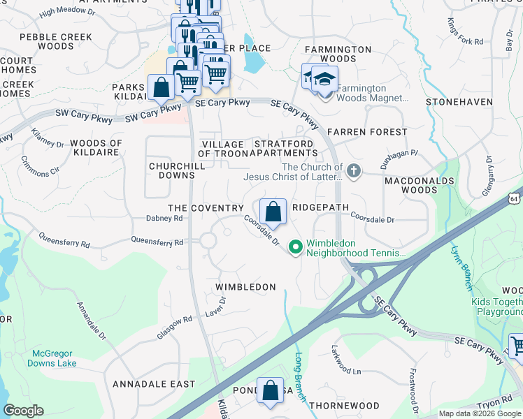 map of restaurants, bars, coffee shops, grocery stores, and more near 111 Lacoste Lane in Cary