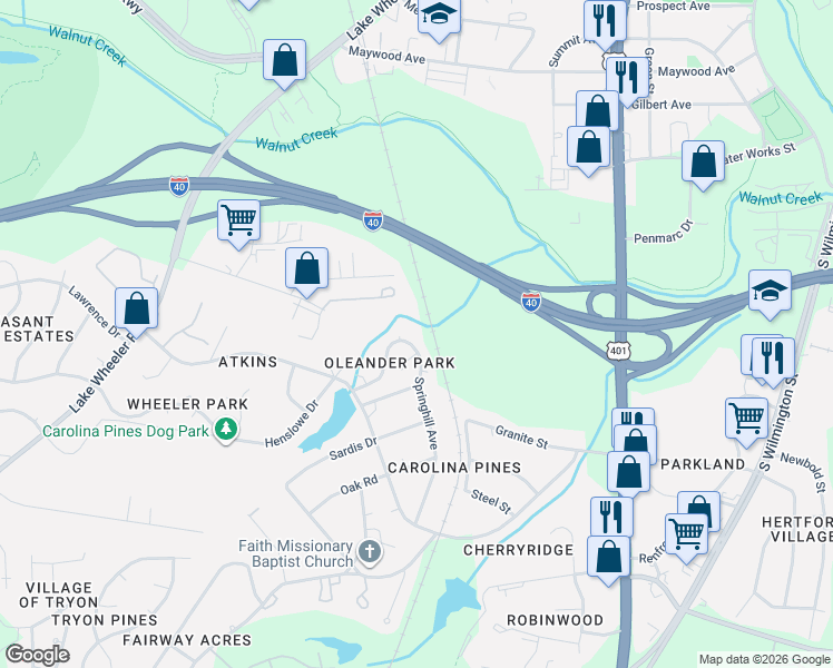 map of restaurants, bars, coffee shops, grocery stores, and more near 2305 Springhill Avenue in Raleigh