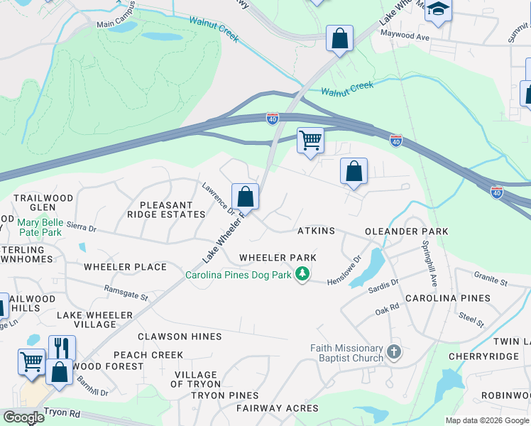 map of restaurants, bars, coffee shops, grocery stores, and more near 1521 Creekwood Court in Raleigh