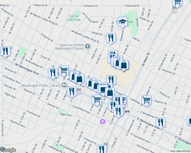 map of restaurants, bars, coffee shops, grocery stores, and more near 301 North 6th Street in Muskogee