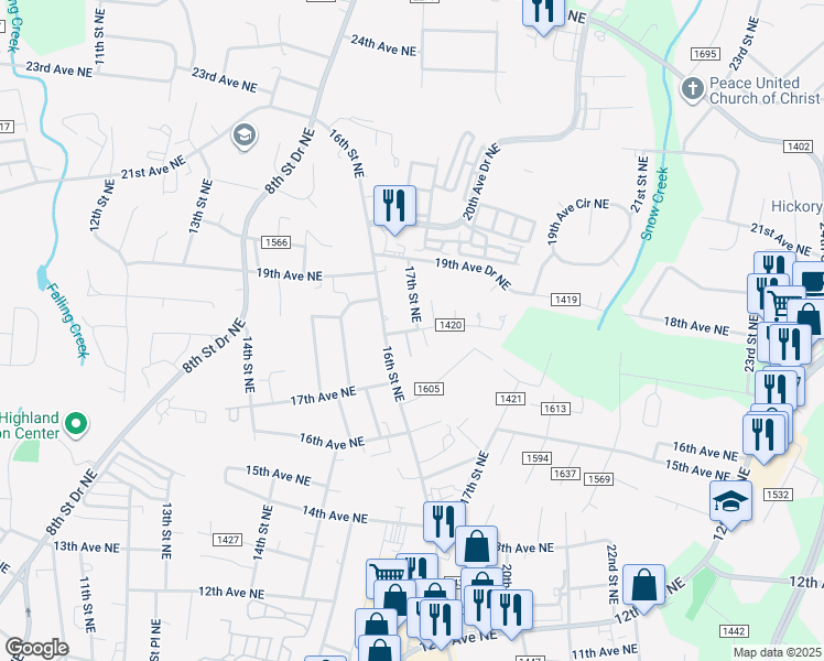 map of restaurants, bars, coffee shops, grocery stores, and more near 1612 18th Avenue Northeast in Hickory