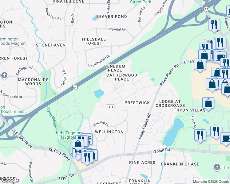 map of restaurants, bars, coffee shops, grocery stores, and more near 1308 Forest Park Way in Cary