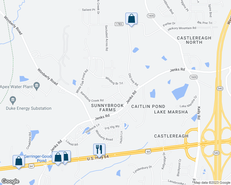 map of restaurants, bars, coffee shops, grocery stores, and more near 2506 Rambling Creek Road in Apex