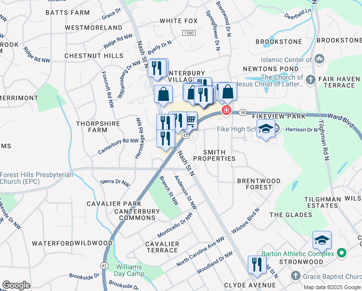 map of restaurants, bars, coffee shops, grocery stores, and more near 2098 Nash Street Northwest in Wilson