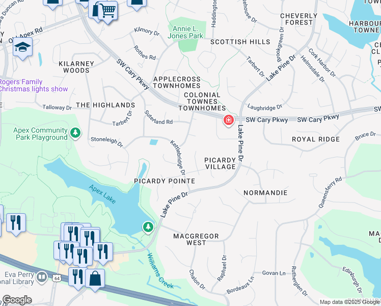 map of restaurants, bars, coffee shops, grocery stores, and more near 209 Kilmorack Drive in Cary