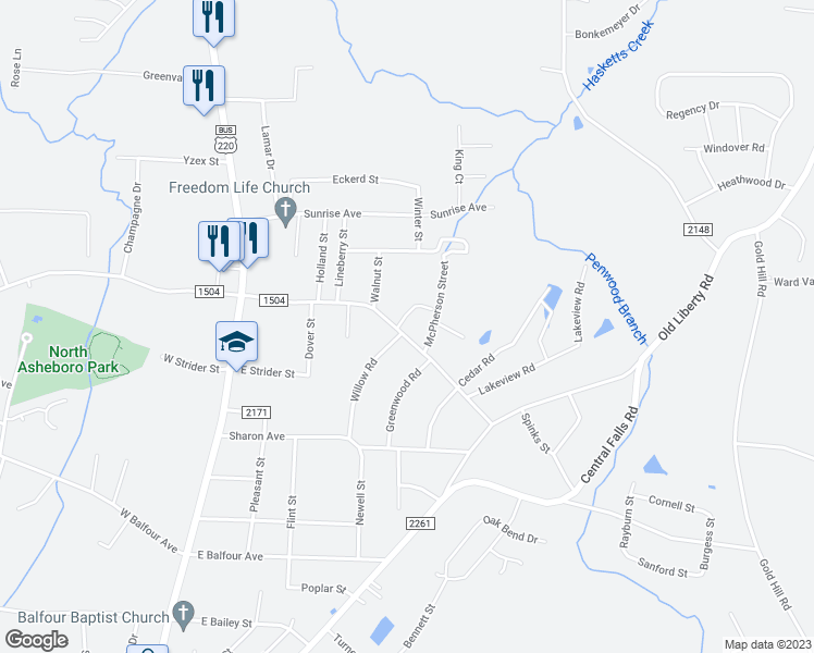 map of restaurants, bars, coffee shops, grocery stores, and more near 417 East Central Avenue in Asheboro