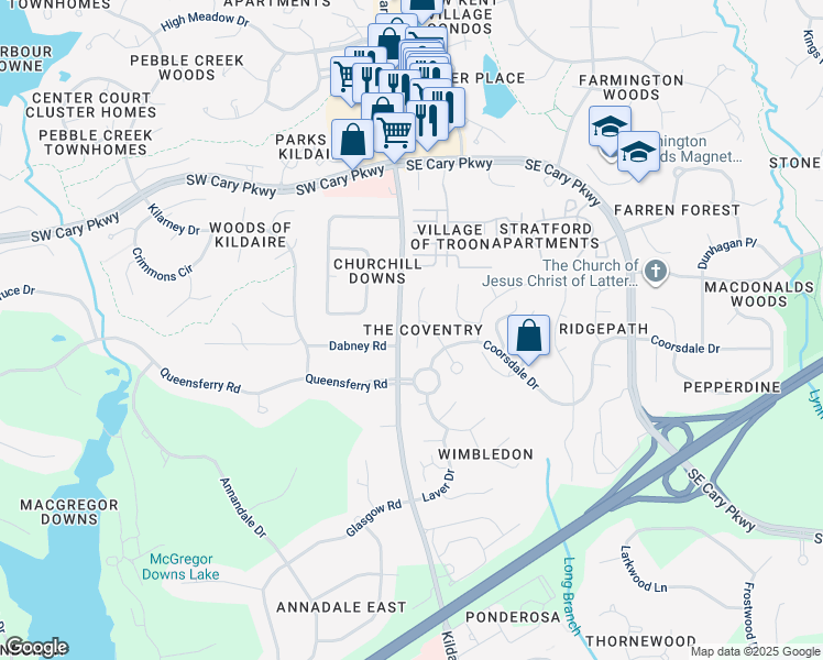 map of restaurants, bars, coffee shops, grocery stores, and more near 202 Coventry Lane in Cary