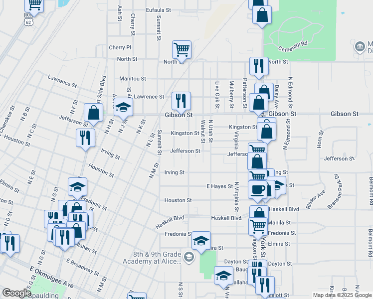 map of restaurants, bars, coffee shops, grocery stores, and more near 912 Maple Street in Muskogee
