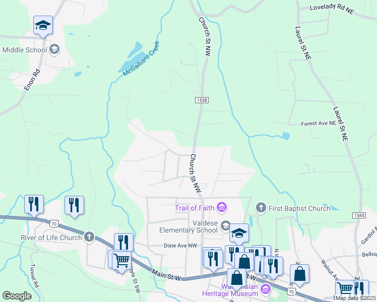 map of restaurants, bars, coffee shops, grocery stores, and more near 1000 Church Street Northwest in Valdese