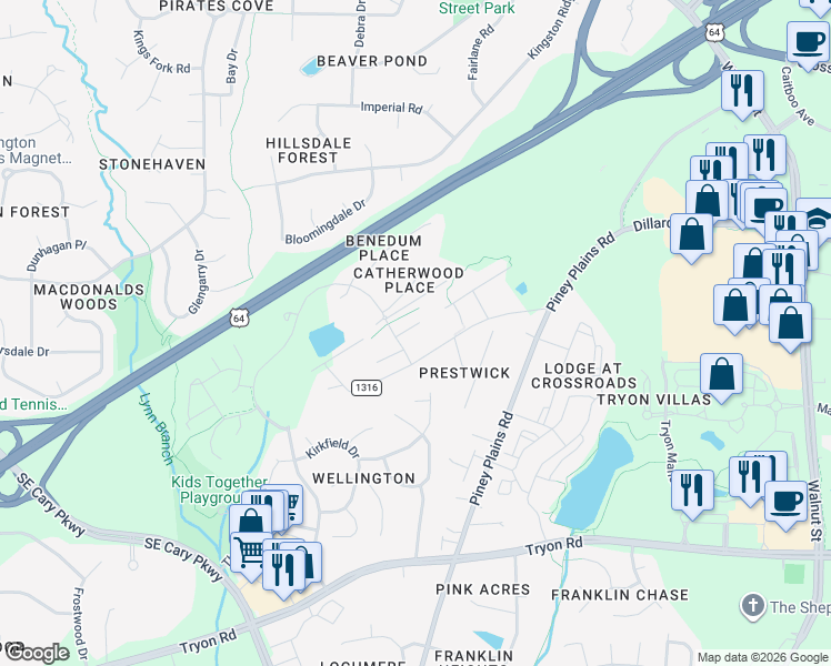 map of restaurants, bars, coffee shops, grocery stores, and more near 112 Putney Drive in Cary