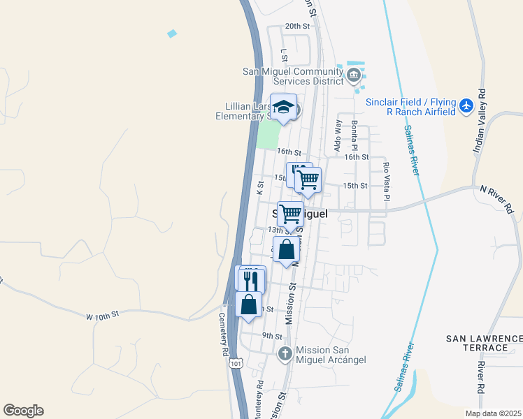 map of restaurants, bars, coffee shops, grocery stores, and more near 1320 K Street in San Miguel