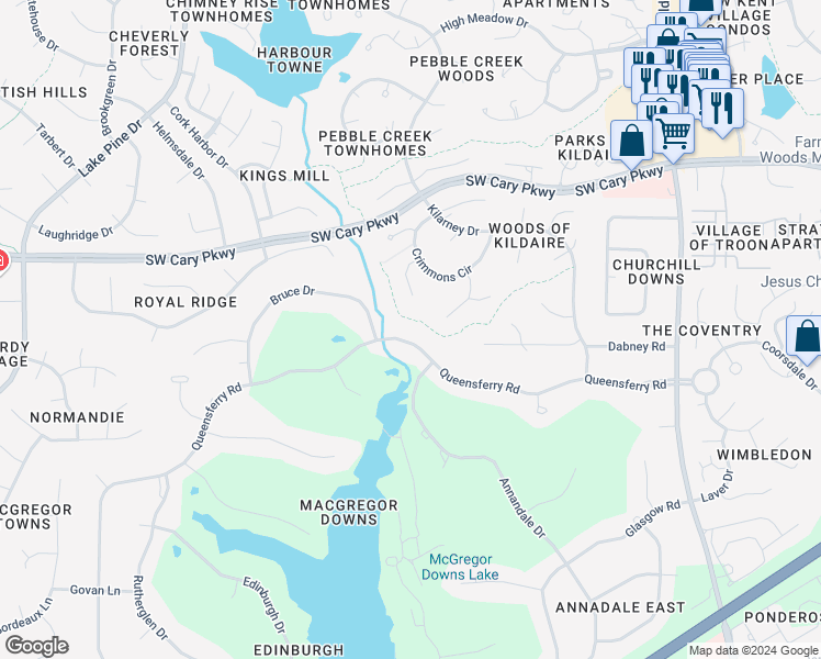 map of restaurants, bars, coffee shops, grocery stores, and more near 306 Queensferry Road in Cary