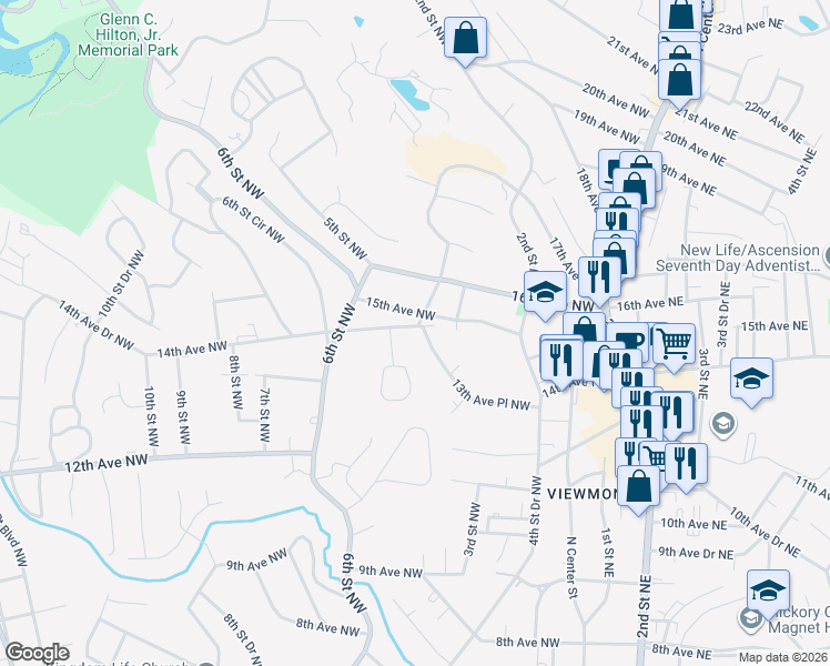 map of restaurants, bars, coffee shops, grocery stores, and more near 1370 4th Street Northwest in Hickory