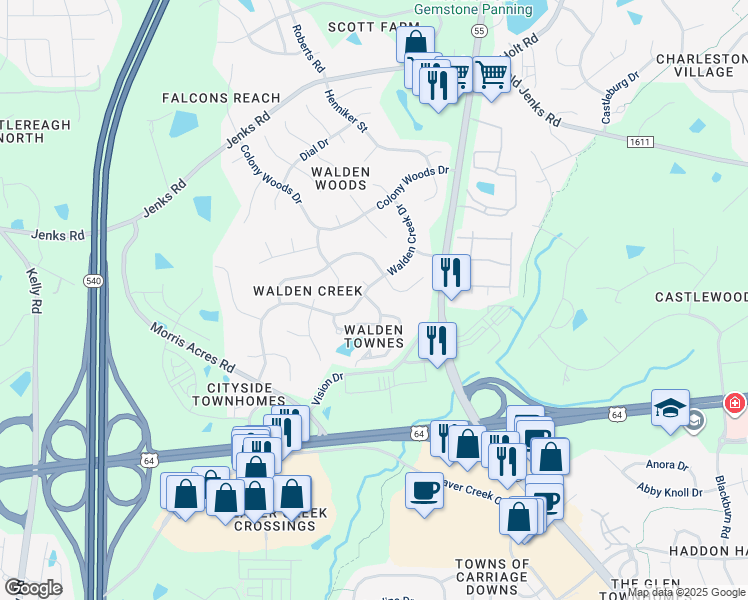 map of restaurants, bars, coffee shops, grocery stores, and more near 1612 Poets Glade Drive in Apex