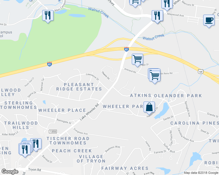 map of restaurants, bars, coffee shops, grocery stores, and more near 2000 Lawrence Drive in Raleigh