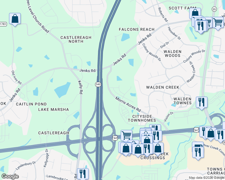 map of restaurants, bars, coffee shops, grocery stores, and more near 7208 Green Level Church Road in Apex