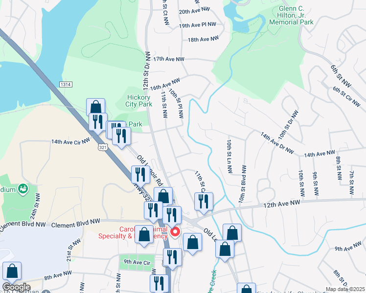 map of restaurants, bars, coffee shops, grocery stores, and more near 1423 11th Street Drive Northwest in Hickory