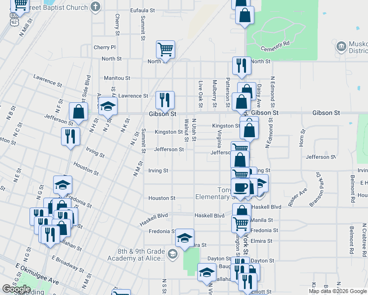 map of restaurants, bars, coffee shops, grocery stores, and more near 1001 Walnut Street in Muskogee