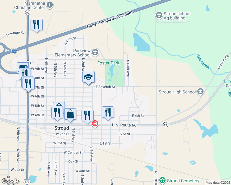 map of restaurants, bars, coffee shops, grocery stores, and more near 604 North Cedar Avenue in Stroud