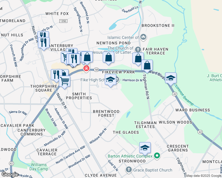 map of restaurants, bars, coffee shops, grocery stores, and more near 500 Harrison Drive North in Wilson