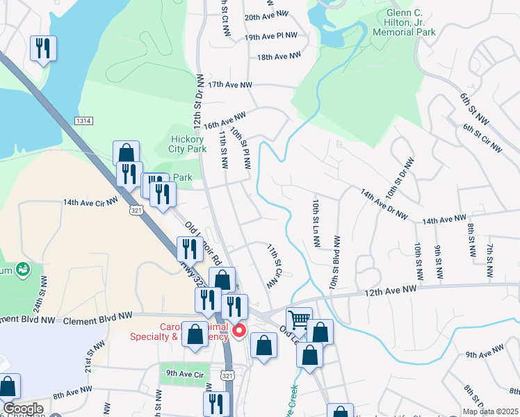 map of restaurants, bars, coffee shops, grocery stores, and more near 1420 11th Street Drive Northwest in Hickory